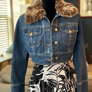Vintage Candie’s distressed jean crop jacket w fur